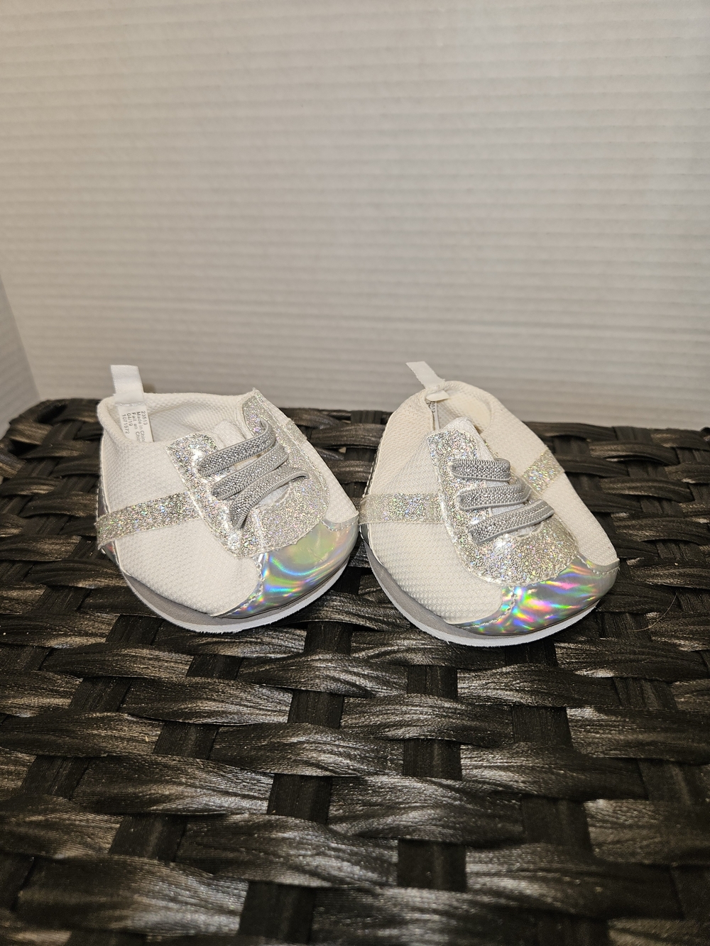 Build-A-Bear White Baby Slip-On Shoes with Silver Holographic Accents